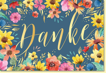 Danksagungskarte mit bunten Blumen und goldener Schrift Danke hochwertige Grußkarte farbenfroh für persönliche Dankesworte