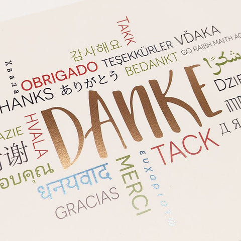 Danksagungskarte mit Danke in vielen Sprachen moderne Doppelkarte mehrsprachig bunt hochwertiges Design für persönliche Botschaften