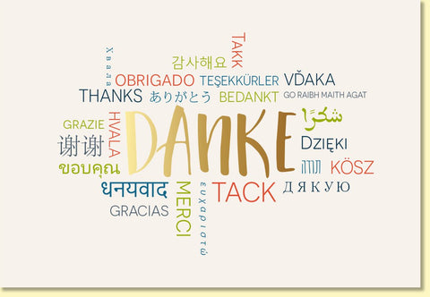 Danksagungskarte mit Danke in vielen Sprachen moderne Doppelkarte mehrsprachig bunt hochwertiges Design für persönliche Botschaften