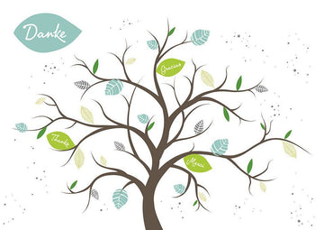 Danksagungskarte mit Naturbaum - Design – Mehrsprachige Karte in Grün & Braun, Blätterillustration
