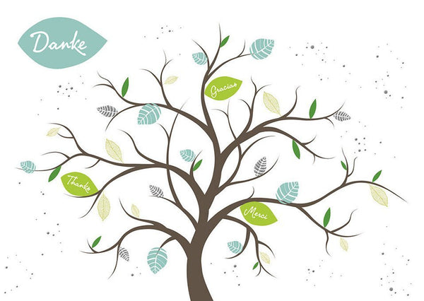 Danksagungskarte mit Naturbaum-Design – Mehrsprachige Karte in Grün & Braun, Blätterillustration