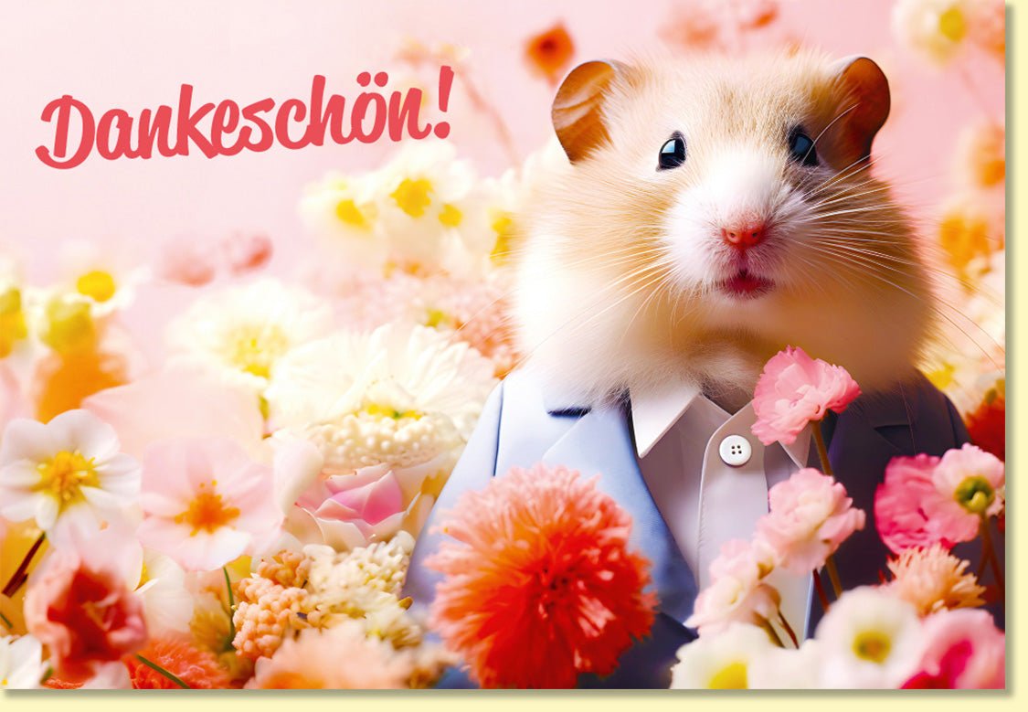 Danksagungskarte mit süßem Hamster im Anzug und Blumen Motiv liebevoll gestaltete Doppelkarte zum Danke sagen für Freunde und Familie
