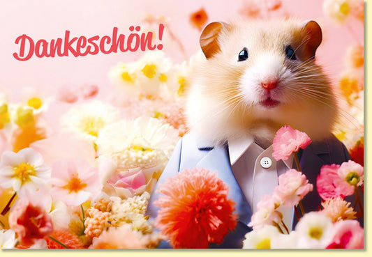 Danksagungskarte mit süßem Hamster im Anzug und Blumen Motiv liebevoll gestaltete Doppelkarte zum Danke sagen für Freunde und Familie