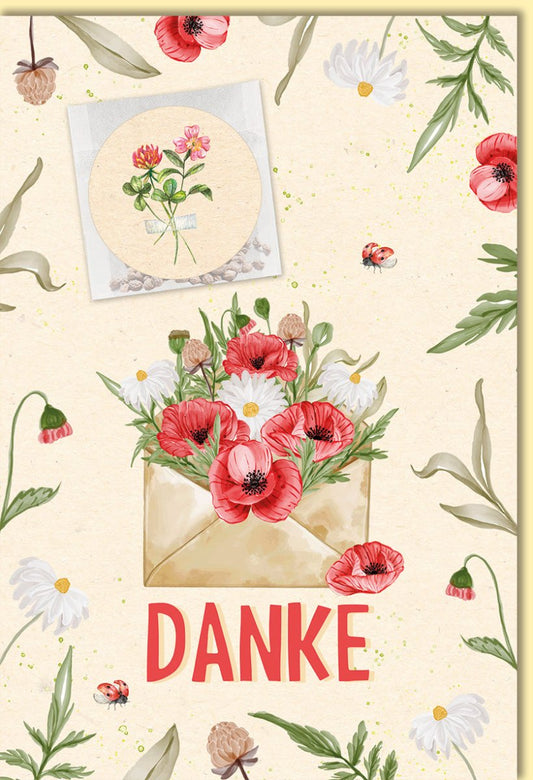 Danksagungskarte mit Umschlag und Blumenmotiv Mohnblumen Gänseblümchen Grußkarte hochwertig für liebevolle Dankesworte