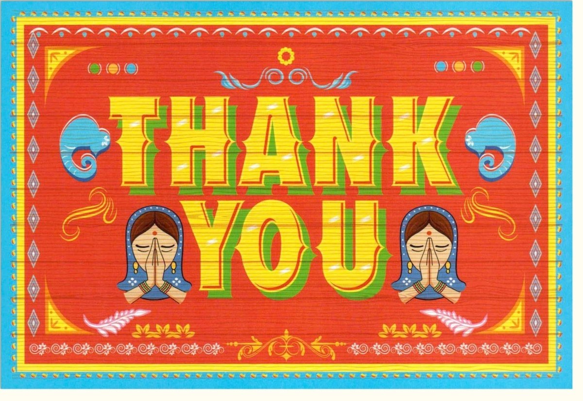 Danksagungskarte "Oriental Gratitude" - Farbenfrohes Muster in Blau - Gelb - Rot, Perfekt zum Ausdruck von Dankbarkeit bei jedem Anlass