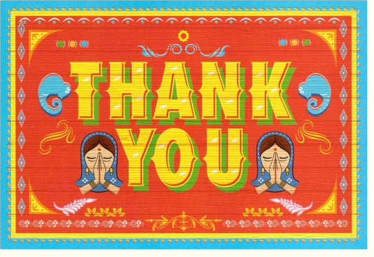 Danksagungskarte "Oriental Gratitude" - Farbenfrohes Muster in Blau - Gelb - Rot, Perfekt zum Ausdruck von Dankbarkeit bei jedem Anlass