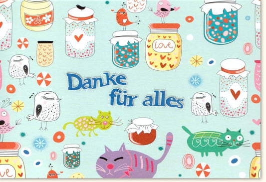 Danksagungskarte - Verspielte Tiermotive mit Einmachgläsern, Herz, Vogel & Katze - Herzliche 'Danke für Alles' Botschaft