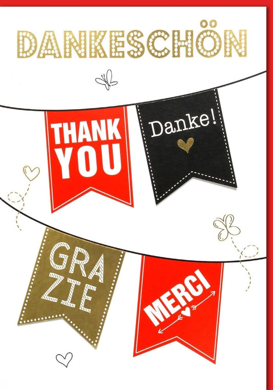 Danksagungskarte XXL A4 - Vielsprachiges Dankeschön in Schwarz, Rot, Gold & Weiß mit Wimpel & Schmetterlingen für besondere Anlässe