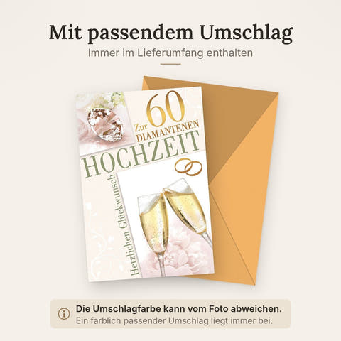 Diamanthochzeitskarte Elegant – Champagnergläser mit Diamant und Goldringen