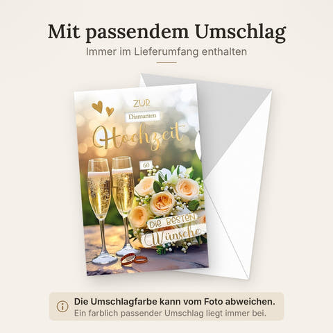 Diamanthochzeitskarte Elegant – Champagnergläser mit Rosenbouquet und Goldakzenten