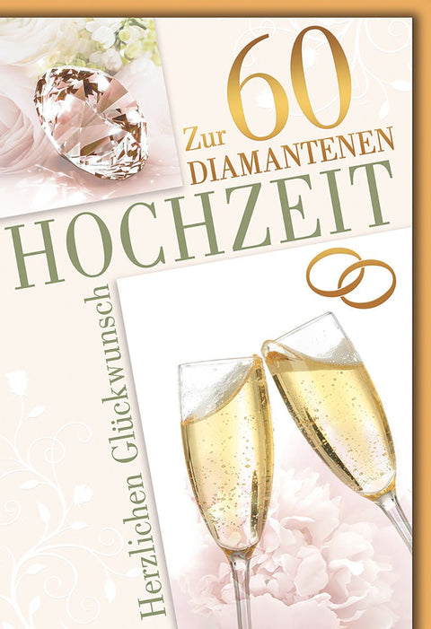 Diamanthochzeitskarte Elegant – Champagnergläser mit Diamant und Goldringen