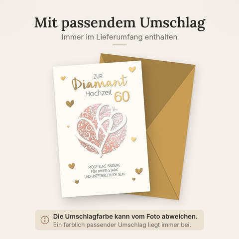 Diamanthochzeitskarte Elegant – Filigrane Herzen mit Goldakzenten und romantischem Spruch