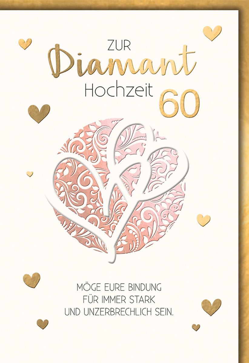 Diamanthochzeitskarte Elegant – Filigrane Herzen mit Goldakzenten und romantischem Spruch