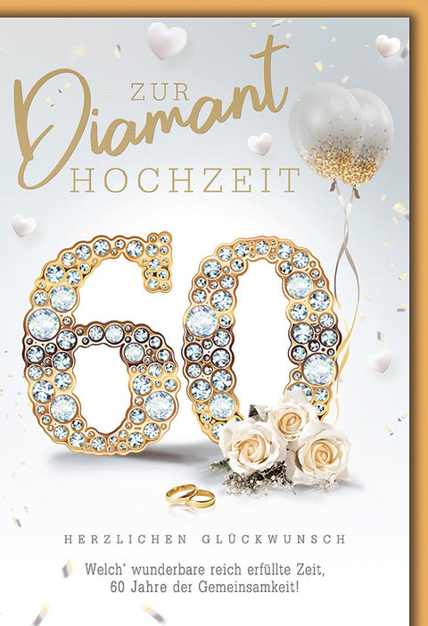 Diamanthochzeitskarte Elegant – Glitzernde 60 mit Rosen und schwebenden Ballons