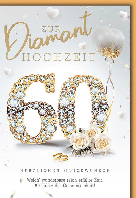 Diamanthochzeitskarte Elegant – Glitzernde 60 mit Rosen und schwebenden Ballons