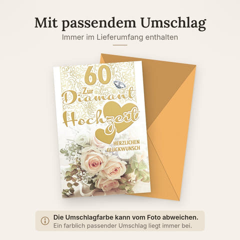 Diamanthochzeitskarte Elegant – Goldene Herzen mit Rosenstrauß und Vogelmotiv