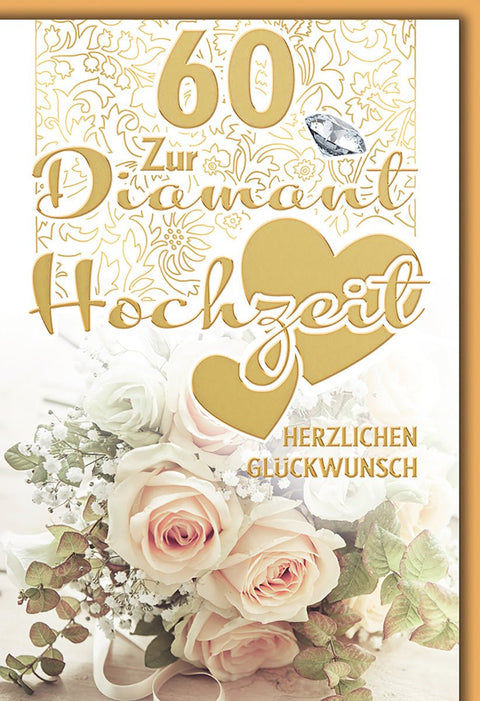 Diamanthochzeitskarte Elegant – Goldene Herzen mit Rosenstrauß und Vogelmotiv