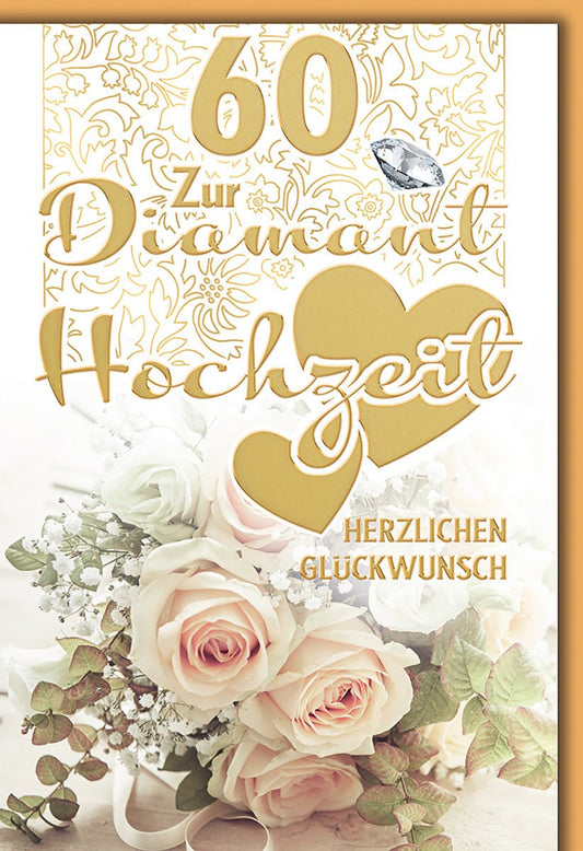 Diamanthochzeitskarte Elegant – Goldene Herzen mit Rosenstrauß und Vogelmotiv