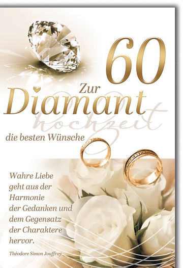 Diamanthochzeitskarte Elegant – Goldene Ringe mit weißen Rosen und Zitat