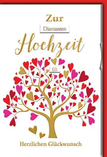 Diamanthochzeitskarte Elegant – Herzbaum in Gold mit roten und rosa Herzen