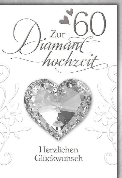 Diamanthochzeitskarte Elegant – Herzförmiger Diamant mit floralen Verzierungen