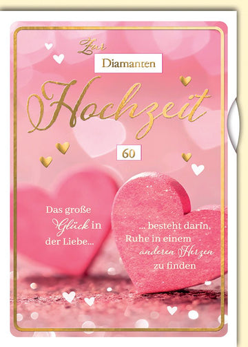 Diamanthochzeitskarte Romantisch – Rosa Herzen mit Goldschrift und liebevollem Zitat