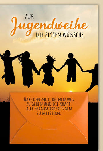 Jugendweihekarte mit Geldtasche: springende Jugendliche im Sonnenuntergang