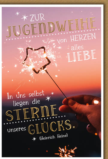 Jugendweihekarte: Wunderkerze im Abendhimmel, Zitat von Heinrich Heine