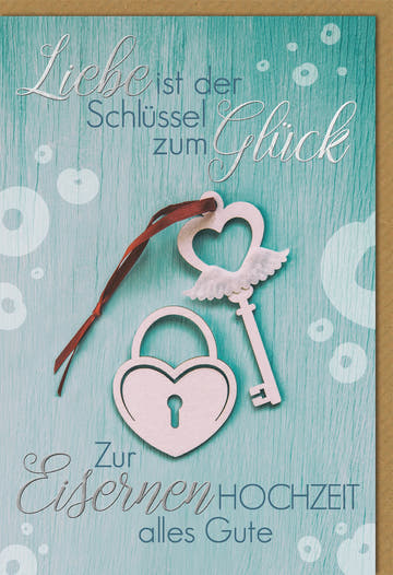 Karte zur Eisernen Hochzeit: Herzschloss mit Schlüssel