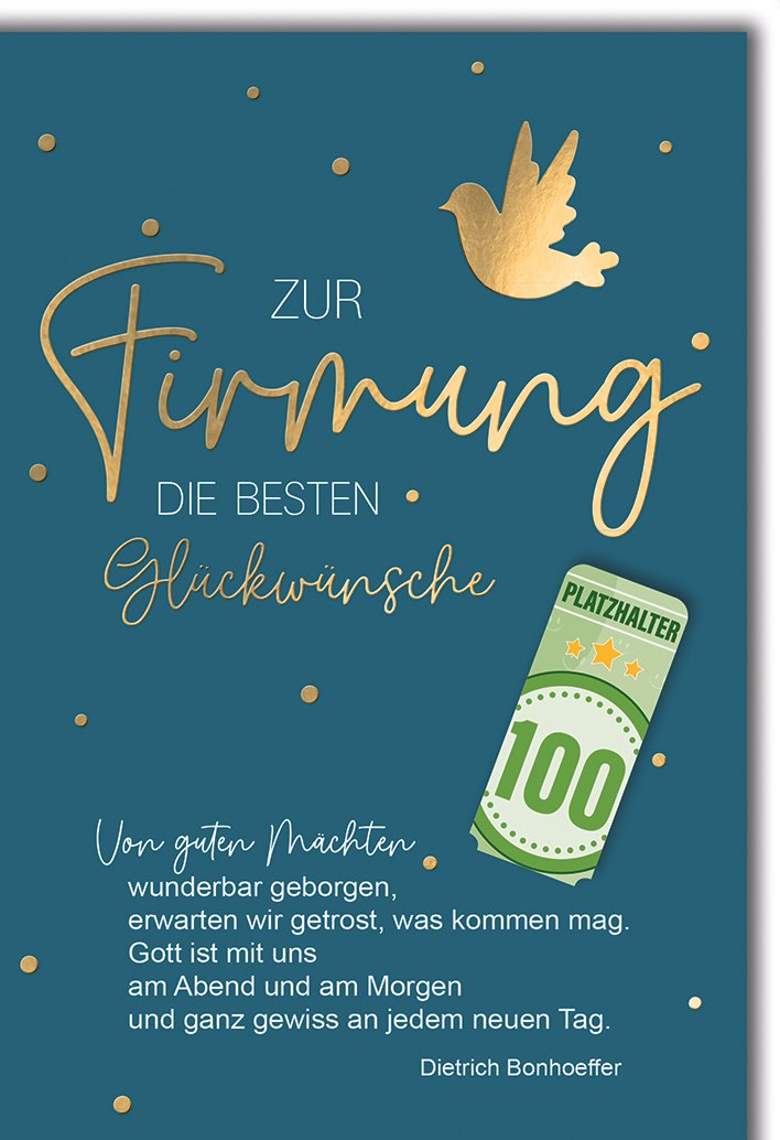 Firmungskarte mit Geldfach: Taube in Gold, Bonhoeffer-Text