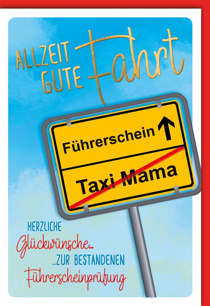 Führerscheinkarte: Ortsschild „Führerschein“, Taxi Mama durchgestrichen