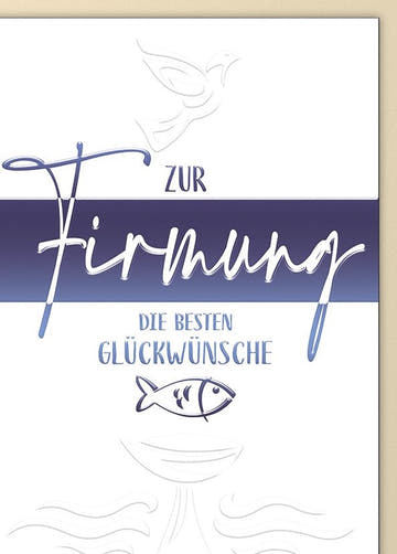 Firmungskarte: Symbole in Weiß und Marine, Taube und Kelch geprägt