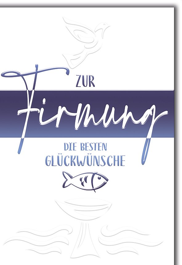 Firmungskarte: Symbole in Weiß und Marine, Taube und Kelch geprägt
