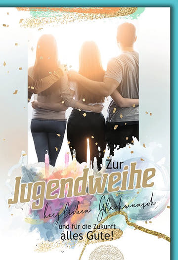 Jugendweihekarte: Freunde Arm in Arm im Gegenlicht