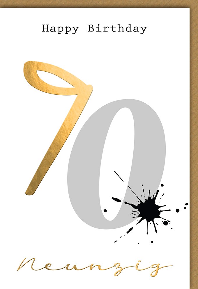 Karte zum 90. Geburtstag: Zahl mit Tintenklecks, „Neunzig“ in Gold