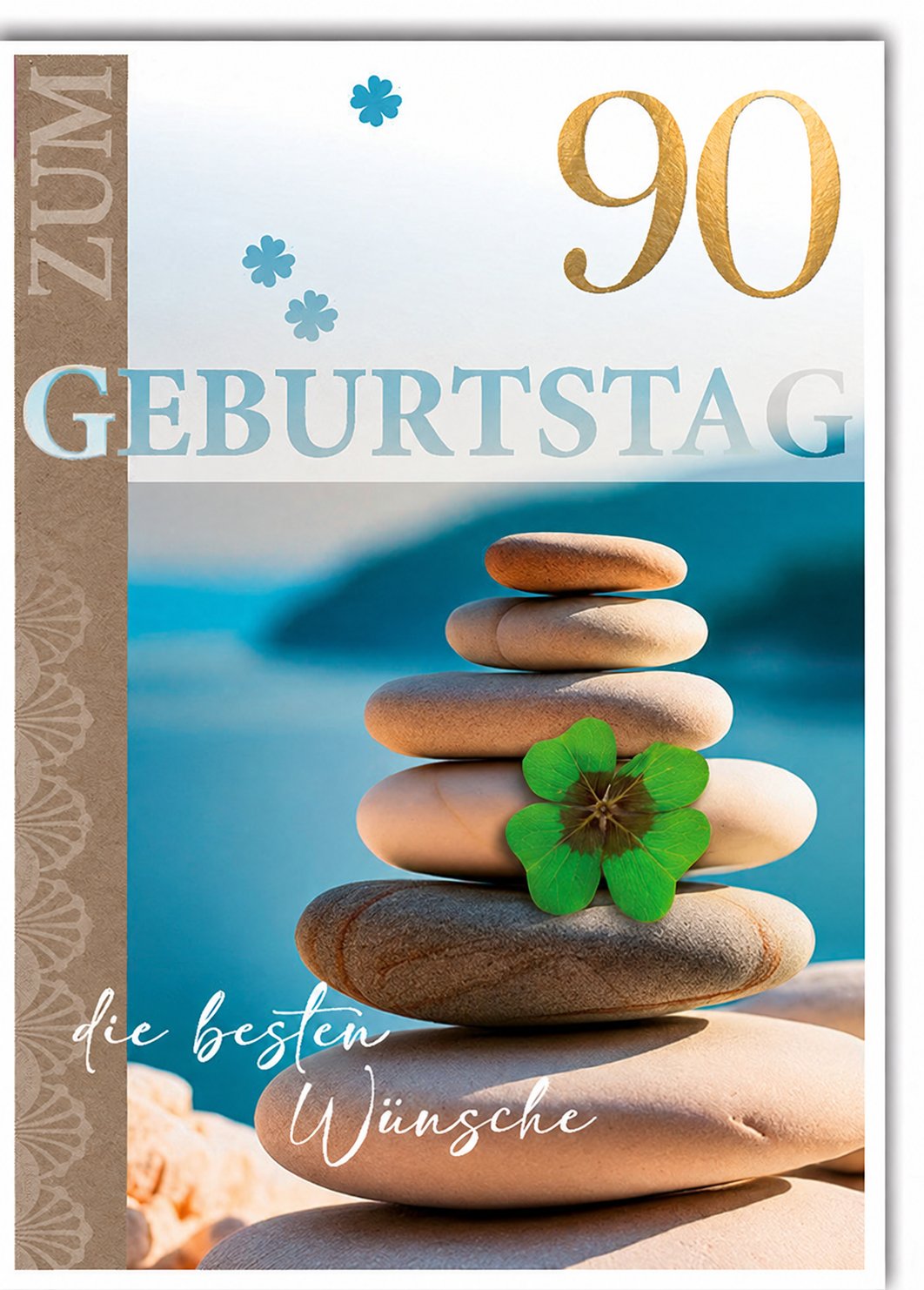 Karte zum 90. Geburtstag: Steinturm mit Kleeblatt am Meer