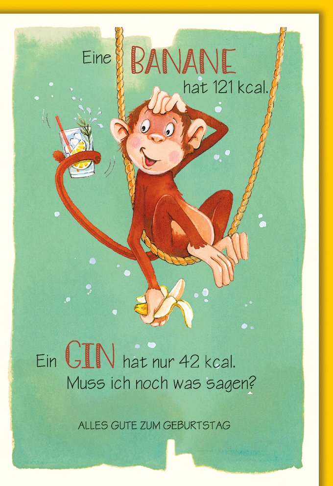 Lustige Geburtstagskarte: Affe mit Banane und Gin