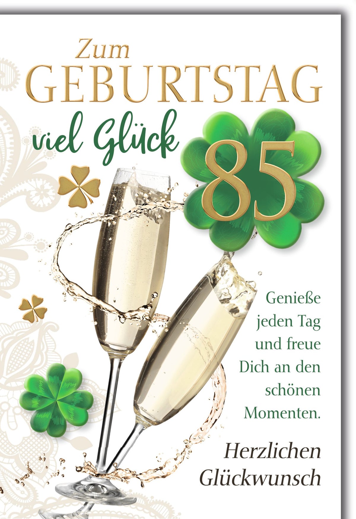 Karte zum 85. Geburtstag: Sektgläser und Kleeblatt