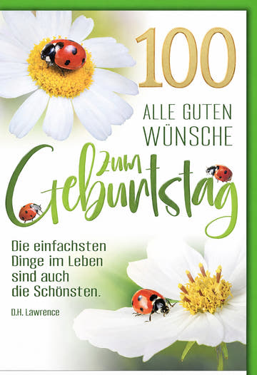 Karte zum 100. Geburtstag: Marienkäfer auf Margerite mit Zitat