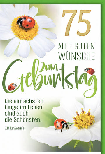 Karte zum 75. Geburtstag: Marienkäfer auf Margerite mit Zitat
