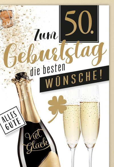 Karte zum 50. Geburtstag: Sektflasche und Gläser in Schwarz-Gold