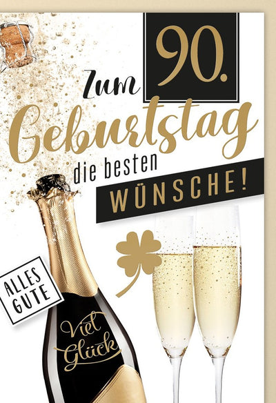 Karte zum 90. Geburtstag: Sektflasche und Gläser in Schwarz-Gold