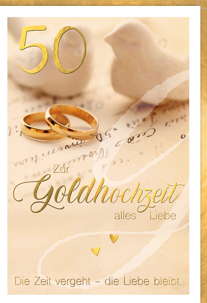 Karte zur Goldenen Hochzeit: Eheringe und Tauben