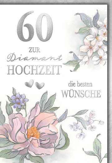 Karte zur Diamantenen Hochzeit: Aquarellblumen und Silber