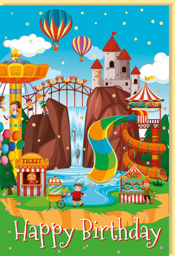 Einladungskarte Kindergeburtstag - Freizeitpark - Motiv mit Achterbahn, Karussell & Schloss - Bunte Partykarte für Jungen und Mädchen