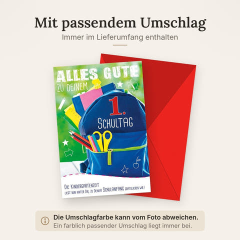 Einschulungskarte: Fröhlicher Rucksack mit Stiften und Lineal - Bunte Glückwünsche zum Schulstart