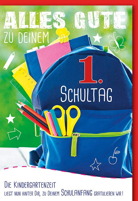 Einschulungskarte: Fröhlicher Rucksack mit Stiften und Lineal - Bunte Glückwünsche zum Schulstart