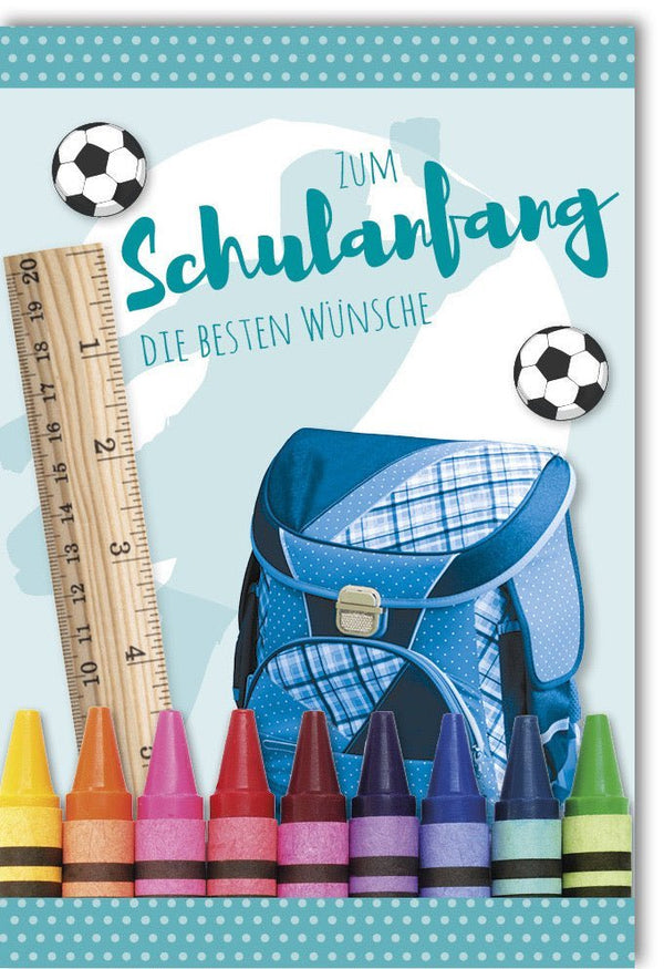 Einschulungskarte für Jungen - Fußballmotiv mit Schultüte, Buntstifte & Lineal Design, Wünsche zur Schuleinführung