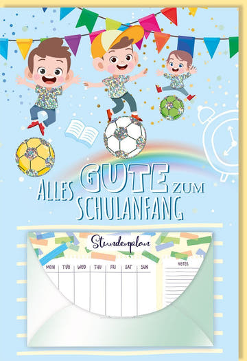 Einschulungskarte für Kinder - Fußball - und Wimpel - Design mit Hologrammfolie, inkl. Geldkuvert, ideal zur Schulanfangsgratulation