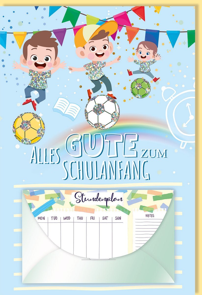 Einschulungskarte für Kinder - Fußball - und Wimpel - Design mit Hologrammfolie, inkl. Geldkuvert, ideal zur Schulanfangsgratulation